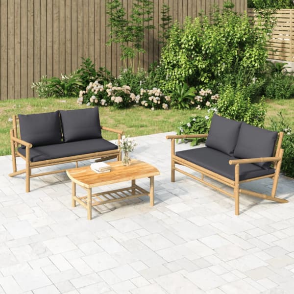 2 Piece Garden Lounge Set with Dark Grey Cushions Bamboo