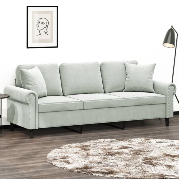 3-Seater Sofa with Throw Pillows Light Grey 180 cm Velvet