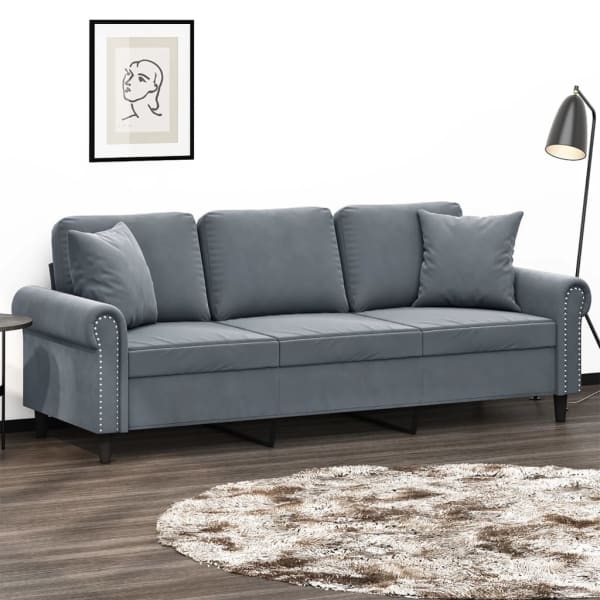 3-Seater Sofa with Throw Pillows Dark Grey 180 cm Velvet