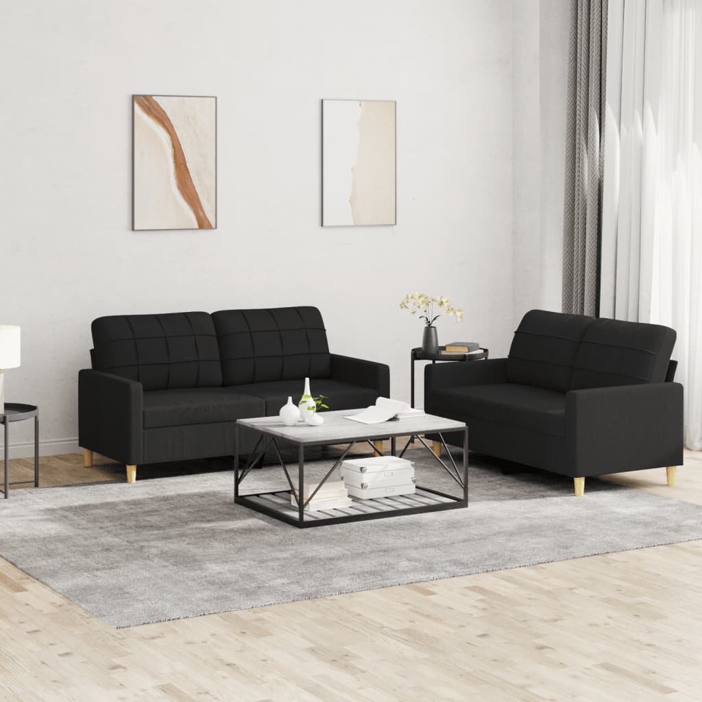 2 Piece Sofa Set with Cushions Black Fabric