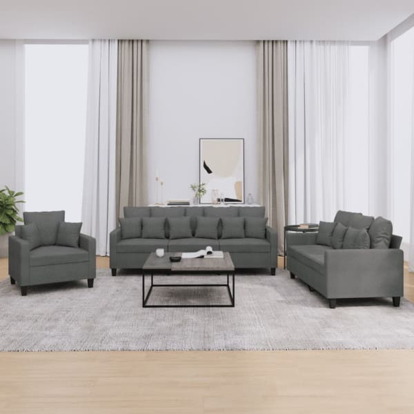 3 Piece Sofa Set with Pillows Dark Grey Fabric