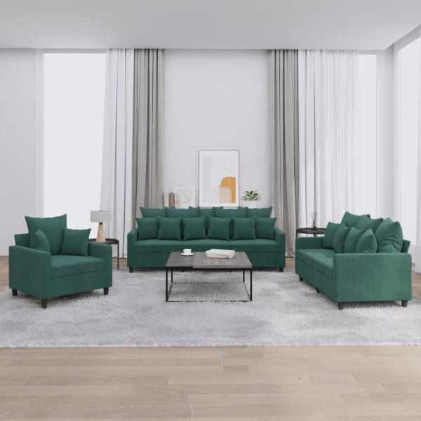 3 Piece Sofa Set with Cushions Dark Green Velvet