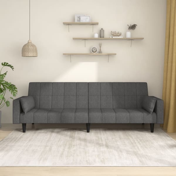 2-Seater Sofa Bed with Two Pillows Dark Grey Fabric