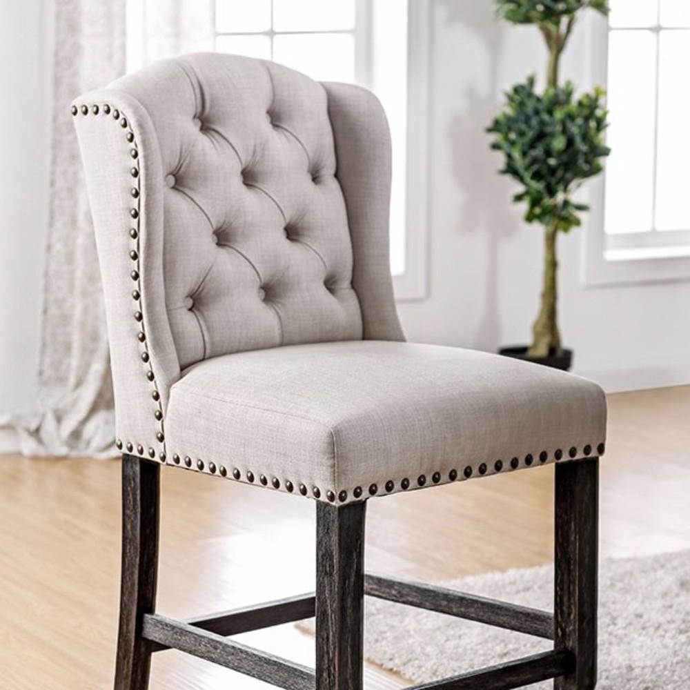 Wooden Counter Height Wingback Chair, Ivory White and Black - Set of 2 - BM166172