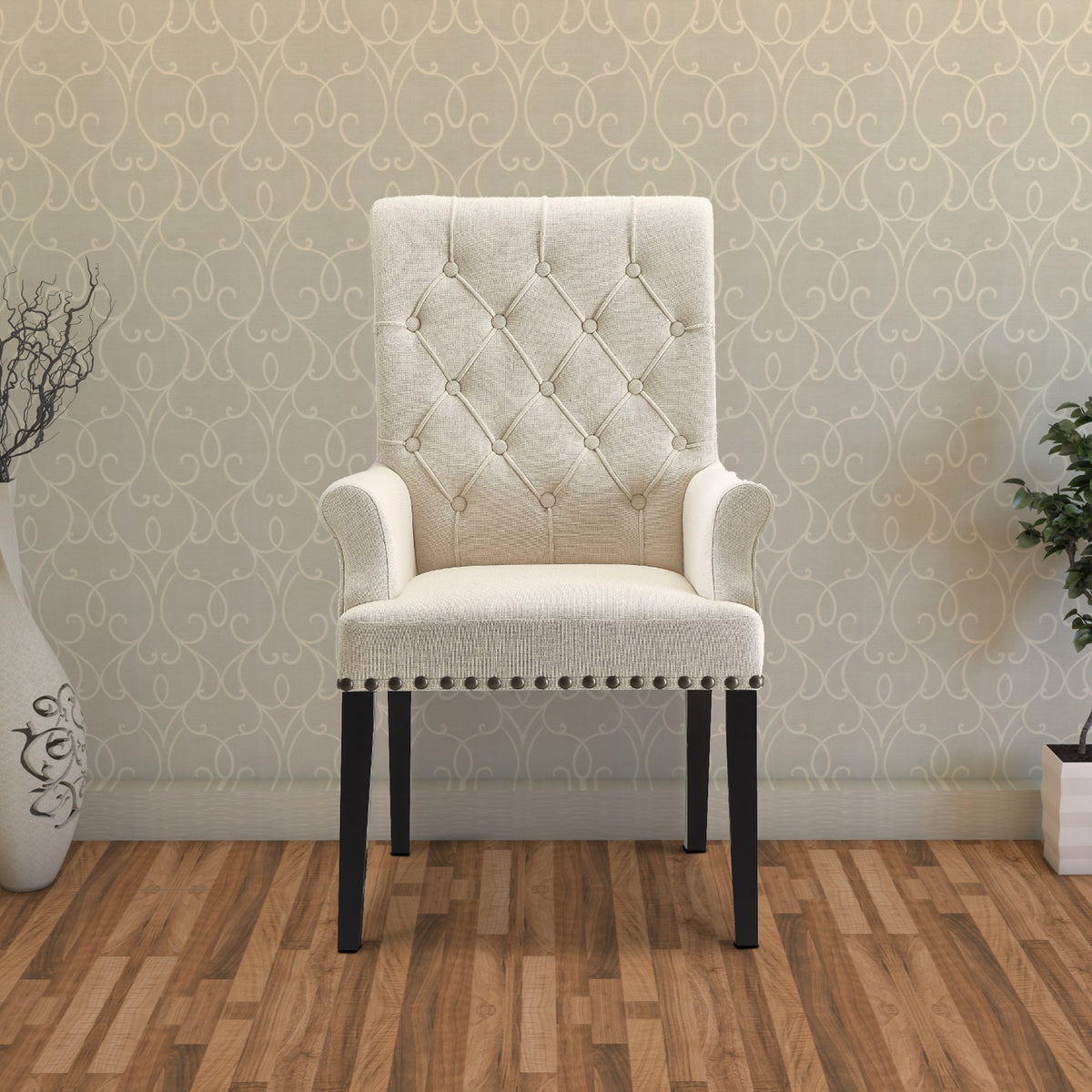 Diamond Tufted Upholstered Dining Chair, Cream & Smokey Black - BM168130