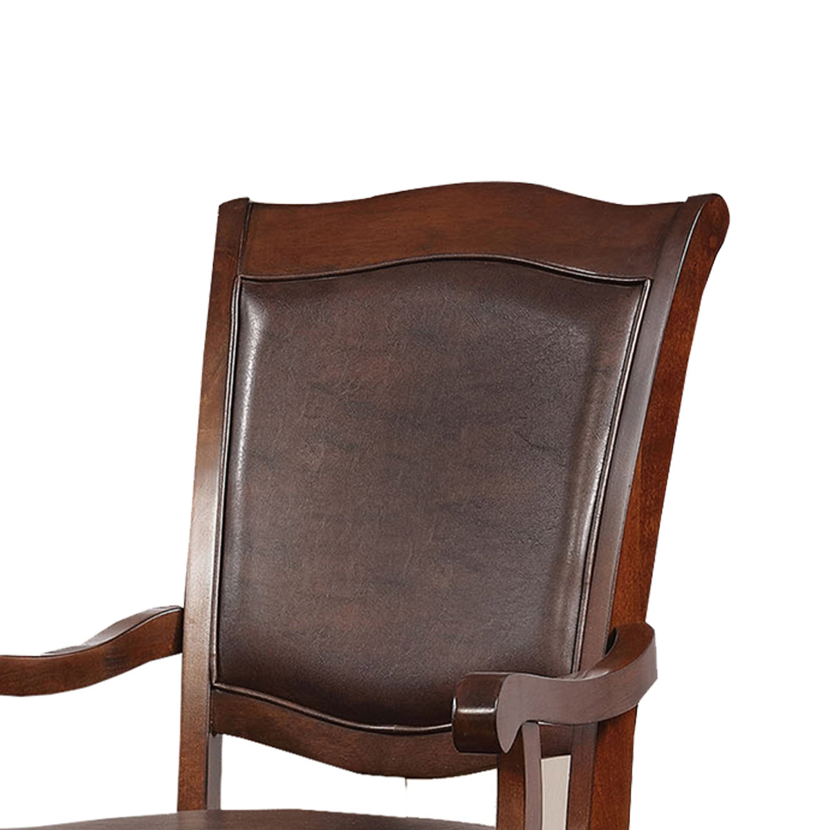 Wooden Arm Chair With Leather Upholstery, Cherry Brown, Set Of 2