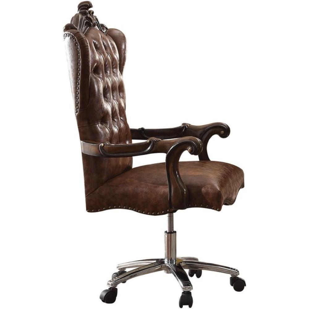 BM185348 Faux Leather Upholstered Wooden Executive Chair With Swivel, Cherry Oak Brown