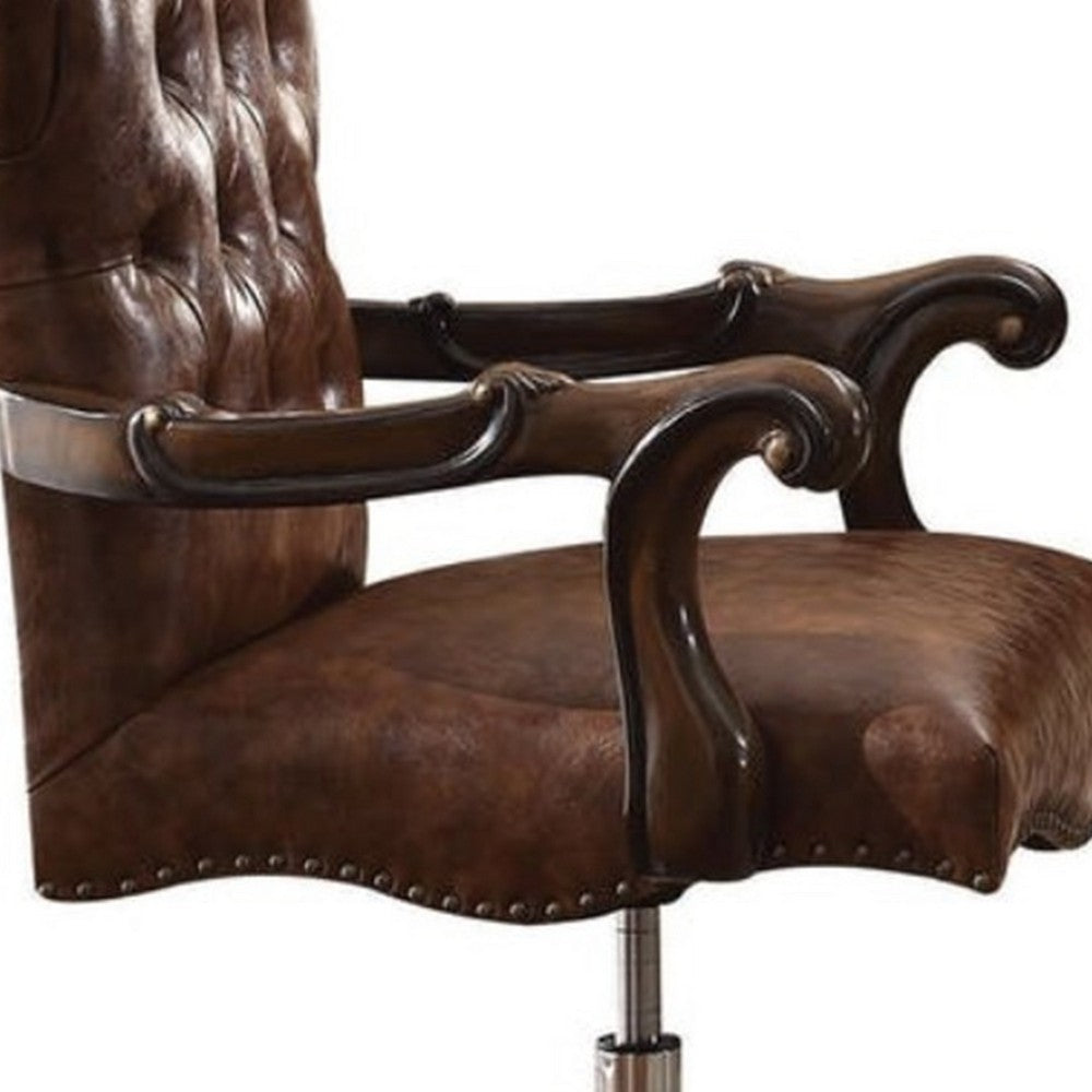 BM185348 Faux Leather Upholstered Wooden Executive Chair With Swivel, Cherry Oak Brown