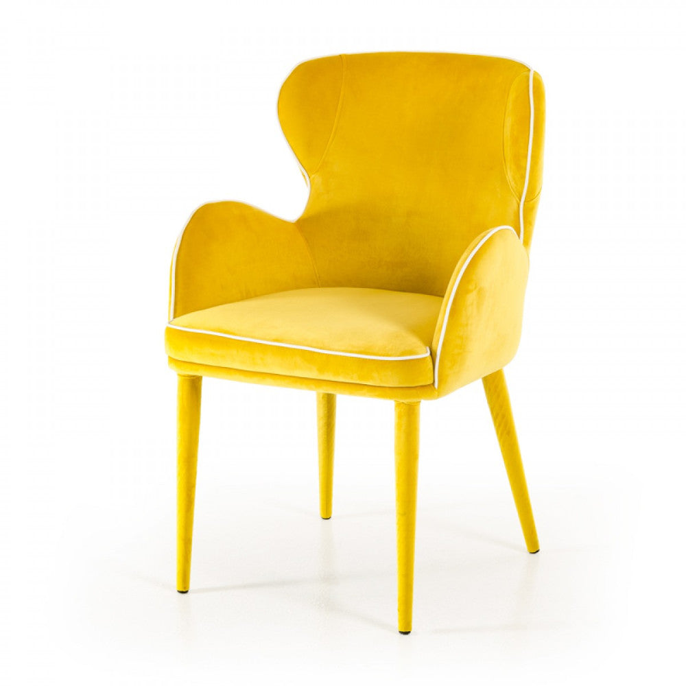 Fabric Upholstered Wing Back Design Dining Chair with High Curvy Arms, Yellow