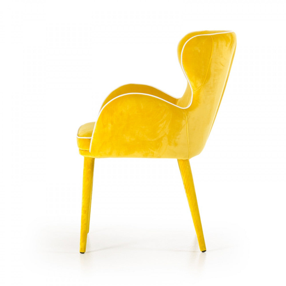 Fabric Upholstered Wing Back Design Dining Chair with High Curvy Arms, Yellow