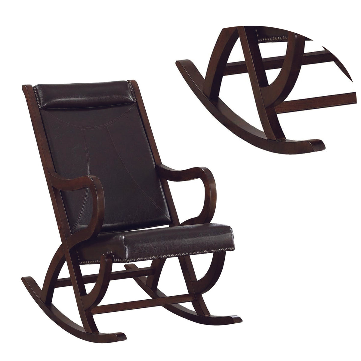 BM193886 -Faux Leather Upholstered Wooden Rocking Chair with Looped Arms, Brown