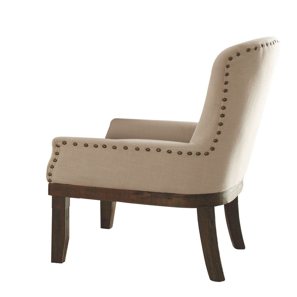 Wooden Arm Chair with Wing Back and Nailhead Trims, Beige and Brown - BM204351