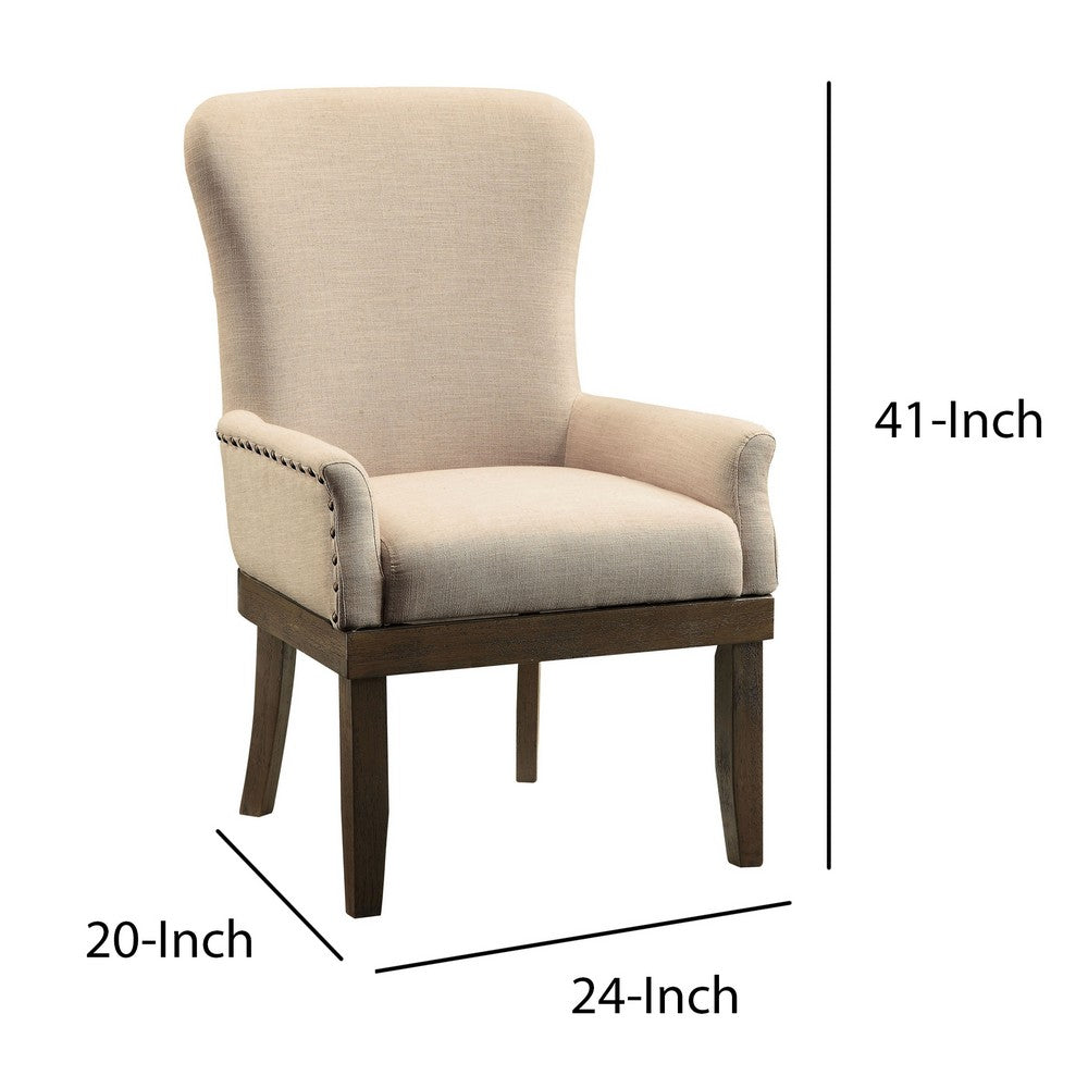 Wooden Arm Chair with Wing Back and Nailhead Trims, Beige and Brown - BM204351