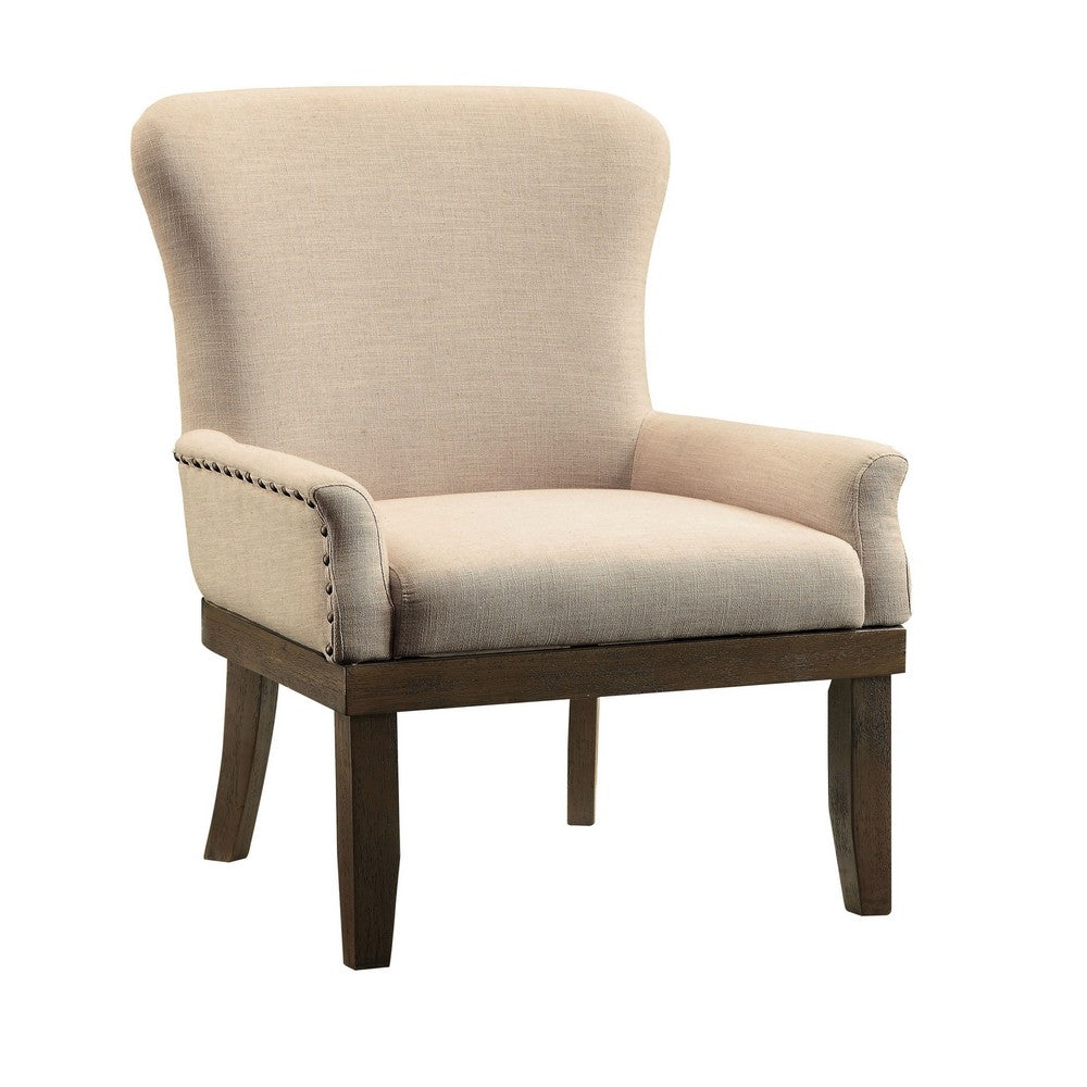 Wooden Arm Chair with Wing Back and Nailhead Trims, Beige and Brown - BM204351