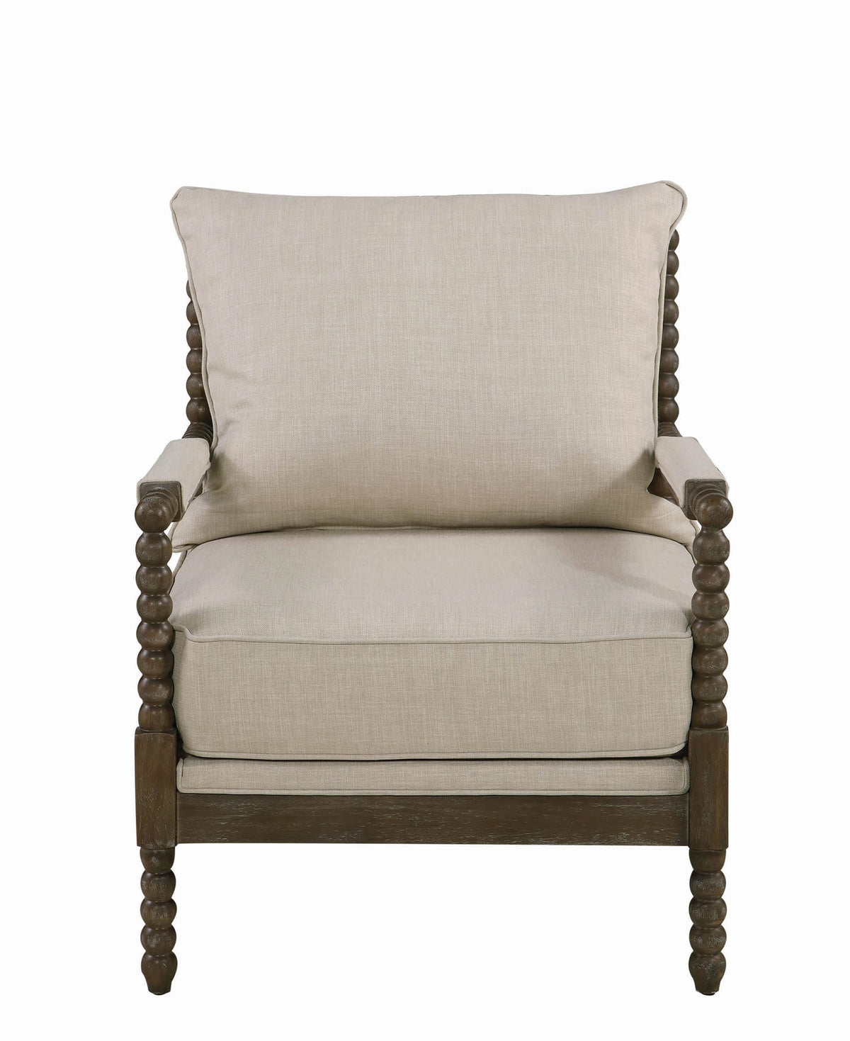 Cushioned Back Fabric Upholstered Spindle Accent Chair, Beige and Brown - BM205459