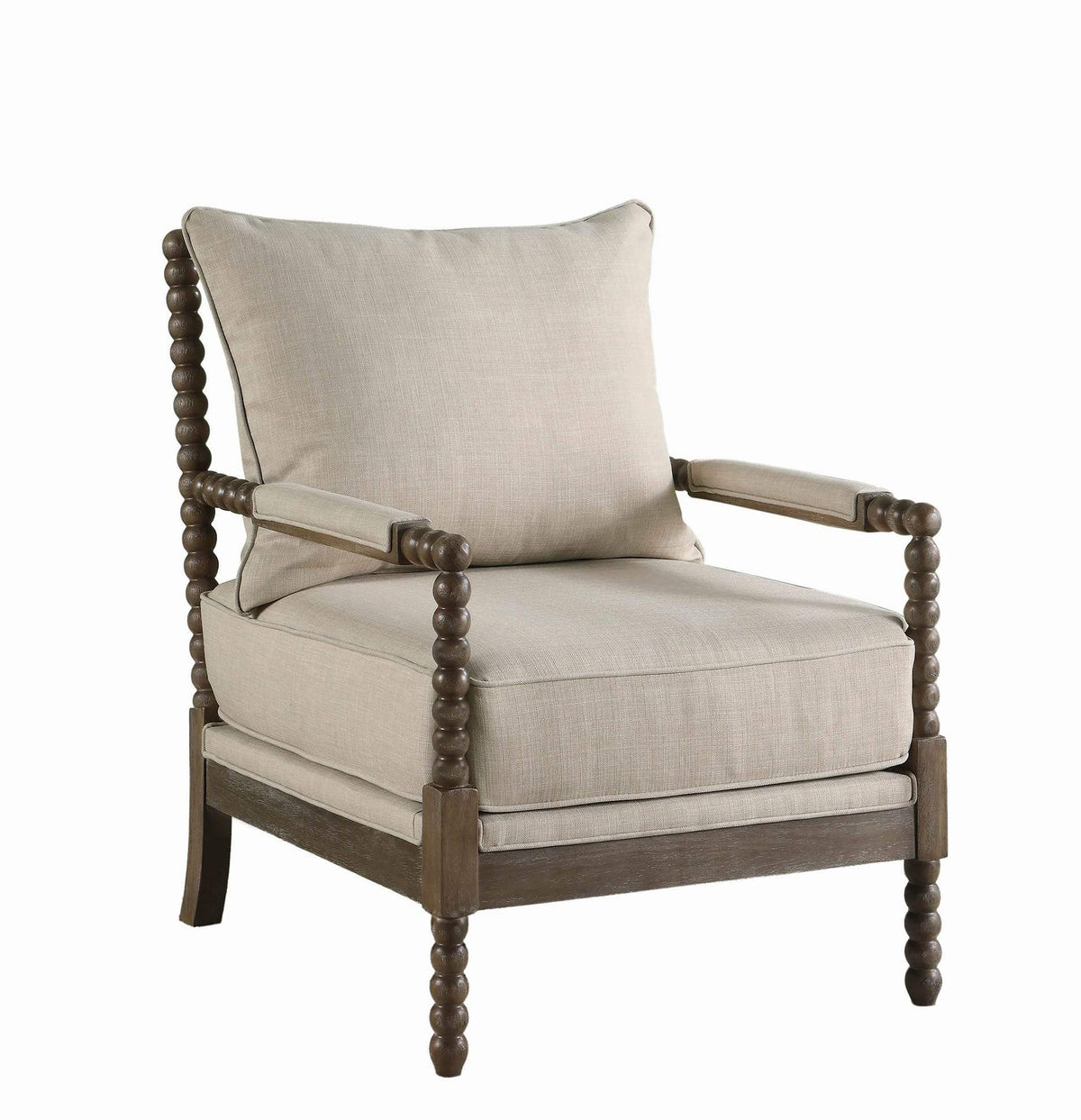 Cushioned Back Fabric Upholstered Spindle Accent Chair, Beige and Brown - BM205459