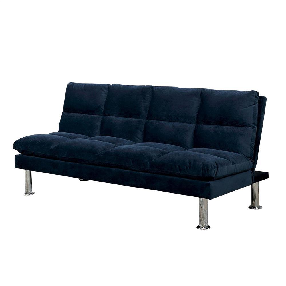 Futon Sofa with Tufted Padded Seating and Metal Legs, Blue - BM239807