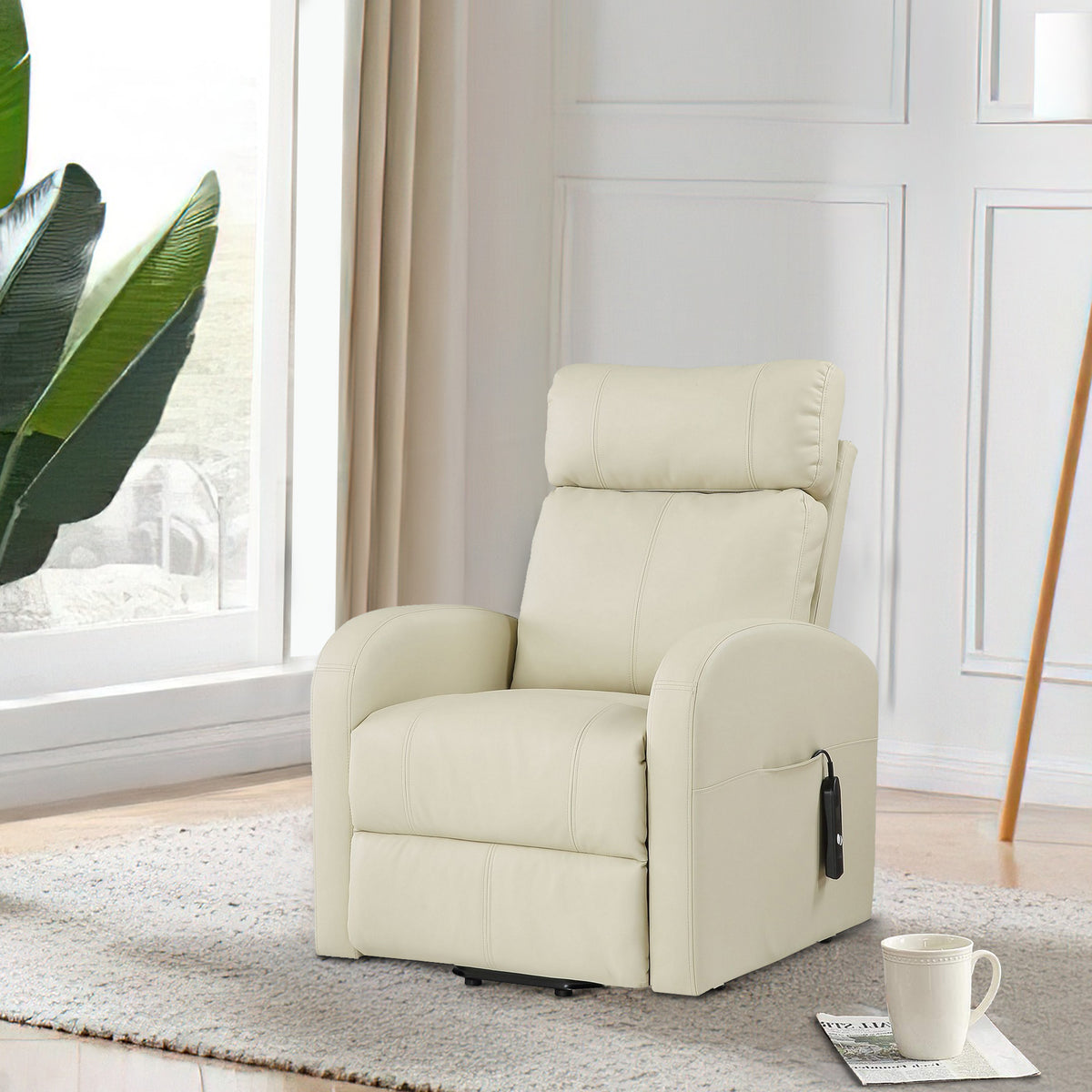 Power Lift Recliner Chair with Faux Leather and Wired Controller, Off White - BM251043