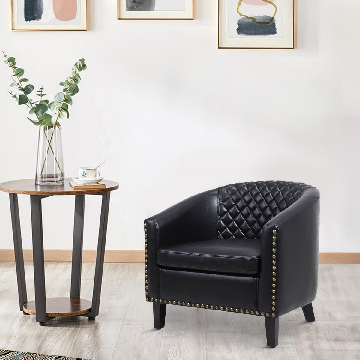 Leatherette Accent Chair with Nailhead Trim and Diamond Stitch, Black - BM261572