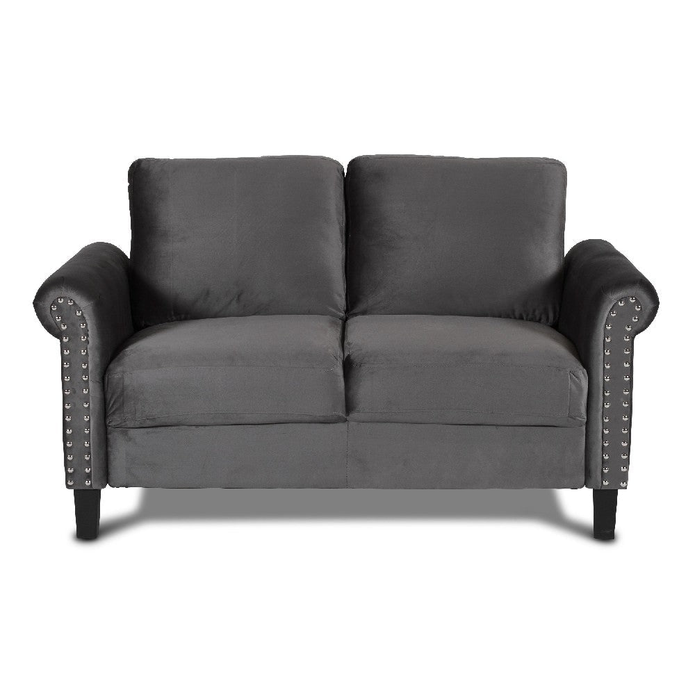 Judy 60 Inch Velvet Upholstered Loveseat with Nailhead Trim, Gray - BM271912