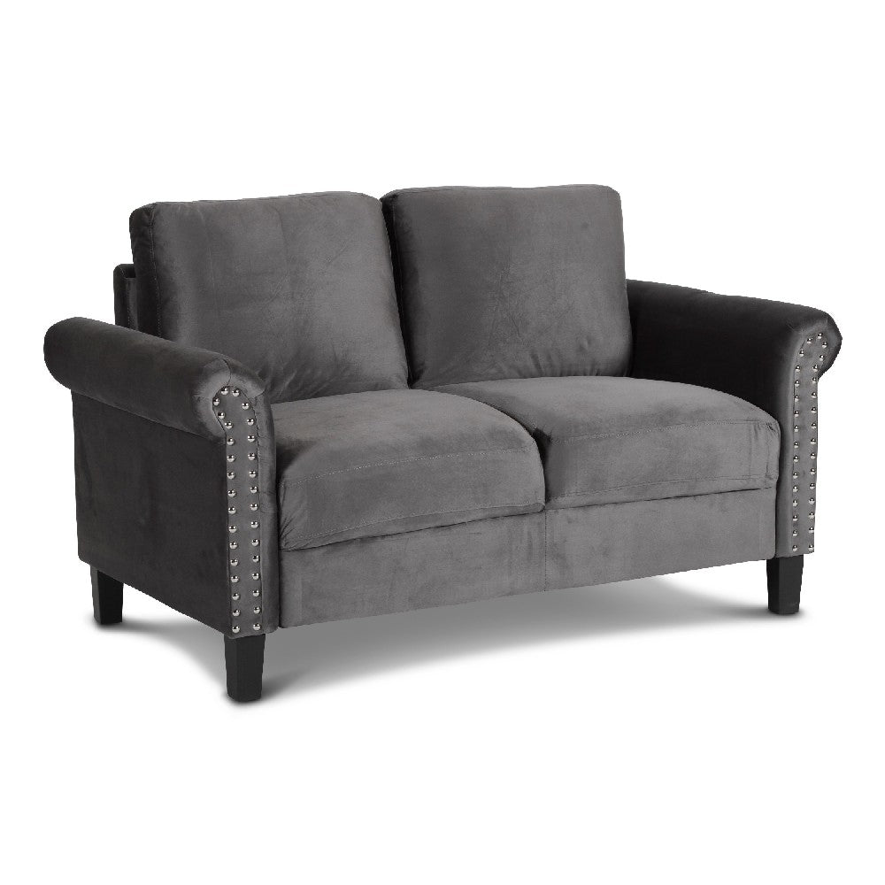 Judy 60 Inch Velvet Upholstered Loveseat with Nailhead Trim, Gray - BM271912