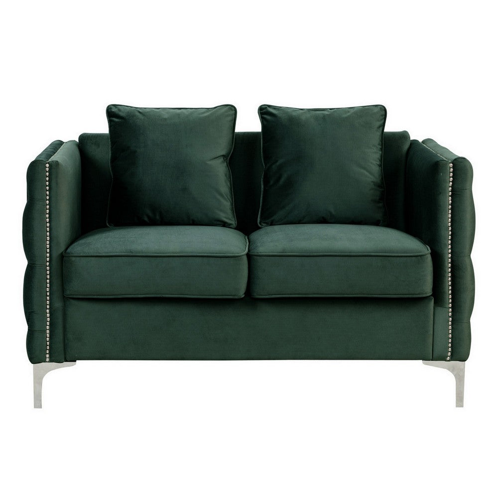 Zion 53 Inch Accent Loveseat, Nailhead Trim, Button Tufted, Green Velvet - BM287658