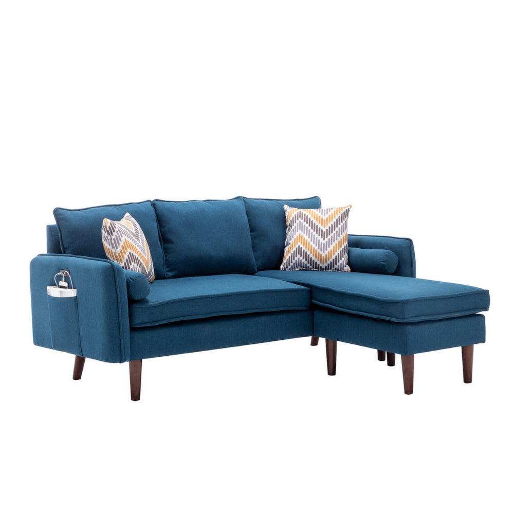 Ranon 70 Inch Sectional Chaise Sofa, Pillows, USB Ports, Side Pockets, Blue - BM293941