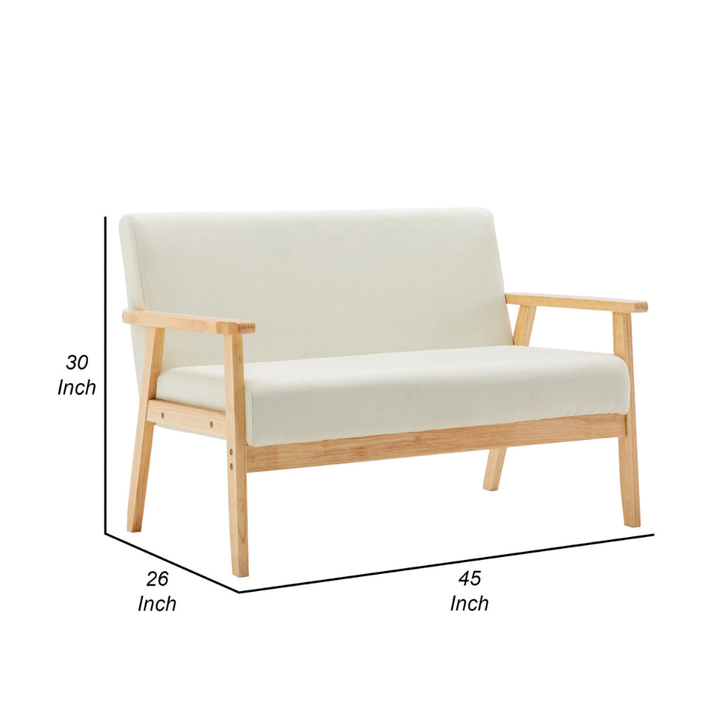 Gala 45 Inch Modern Loveseat Bench, Ivory Fabric, Natural Brown Wood Frame - BM293960