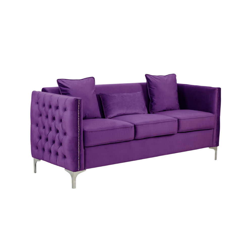 Zion 73 Inch Modern Sofa, Button Tufted Purple Velvet with Nailhead Trim - BM293966