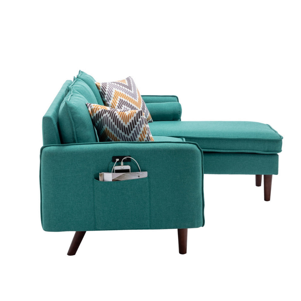 Ranon 70 Inch Sectional Chaise Sofa, Pillows, USB Ports, Side Pockets, Teal - BM293971