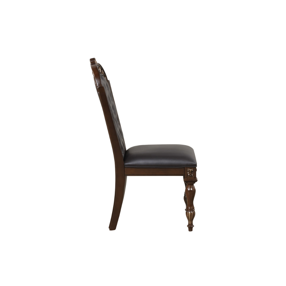 Mitch 21 Inch Tufted Dining Chair, Carved Details, Faux Leather Seat, Brown - BM304821