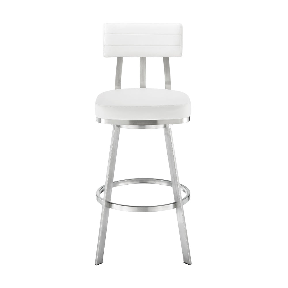 Poni 30 Inch Swivel Barstool Chair, Cushioned Seating, White Faux Leather - BM313641