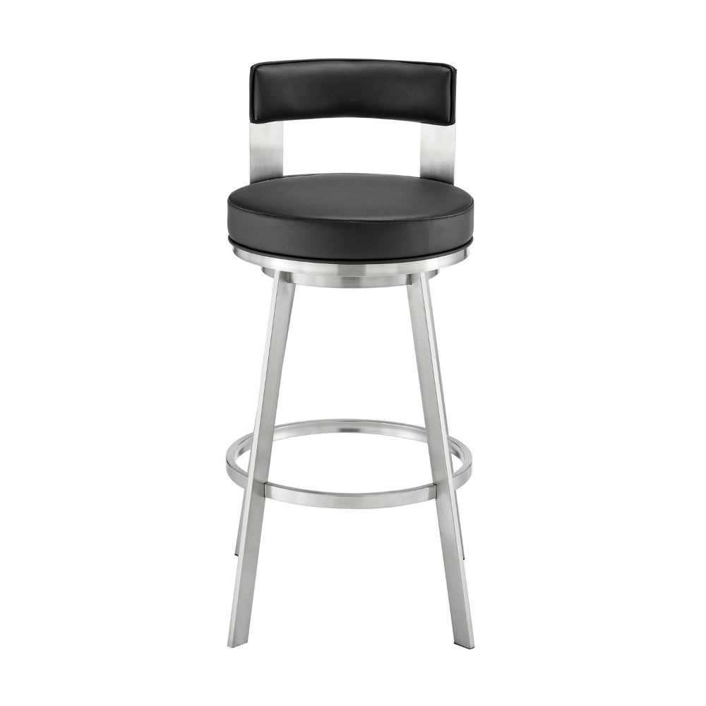 Ami 30 Inch Swivel Barstool Chair, Black Faux Leather, Stainless Steel - BM313672