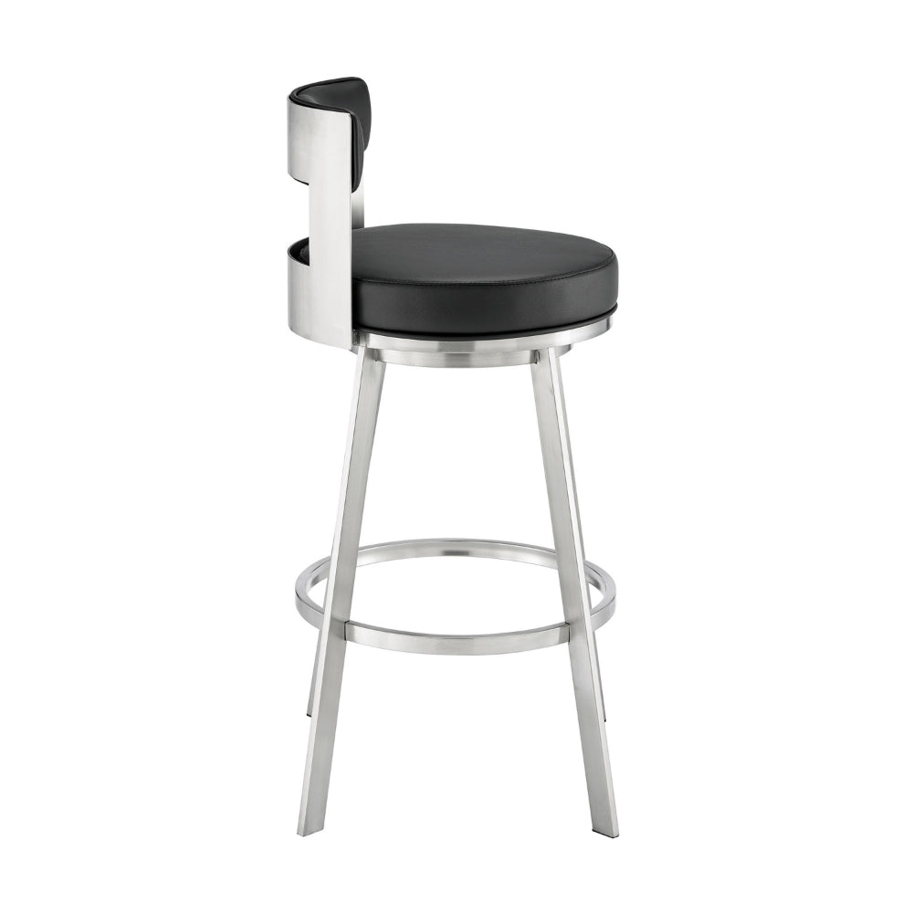 Ami 30 Inch Swivel Barstool Chair, Black Faux Leather, Stainless Steel - BM313672