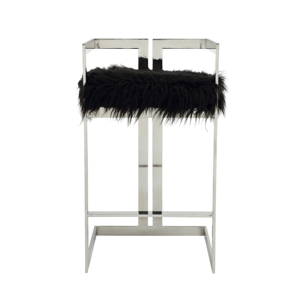 Suki 30 Inch Barstool Chair, Cushioned Black Faux Fur, Silver Cantilever - BM315138