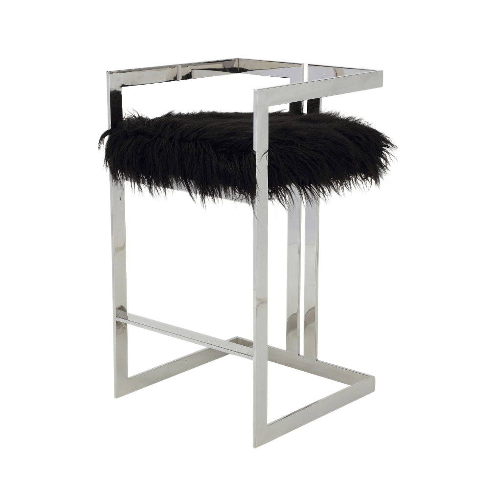 Suki 30 Inch Barstool Chair, Cushioned Black Faux Fur, Silver Cantilever - BM315138