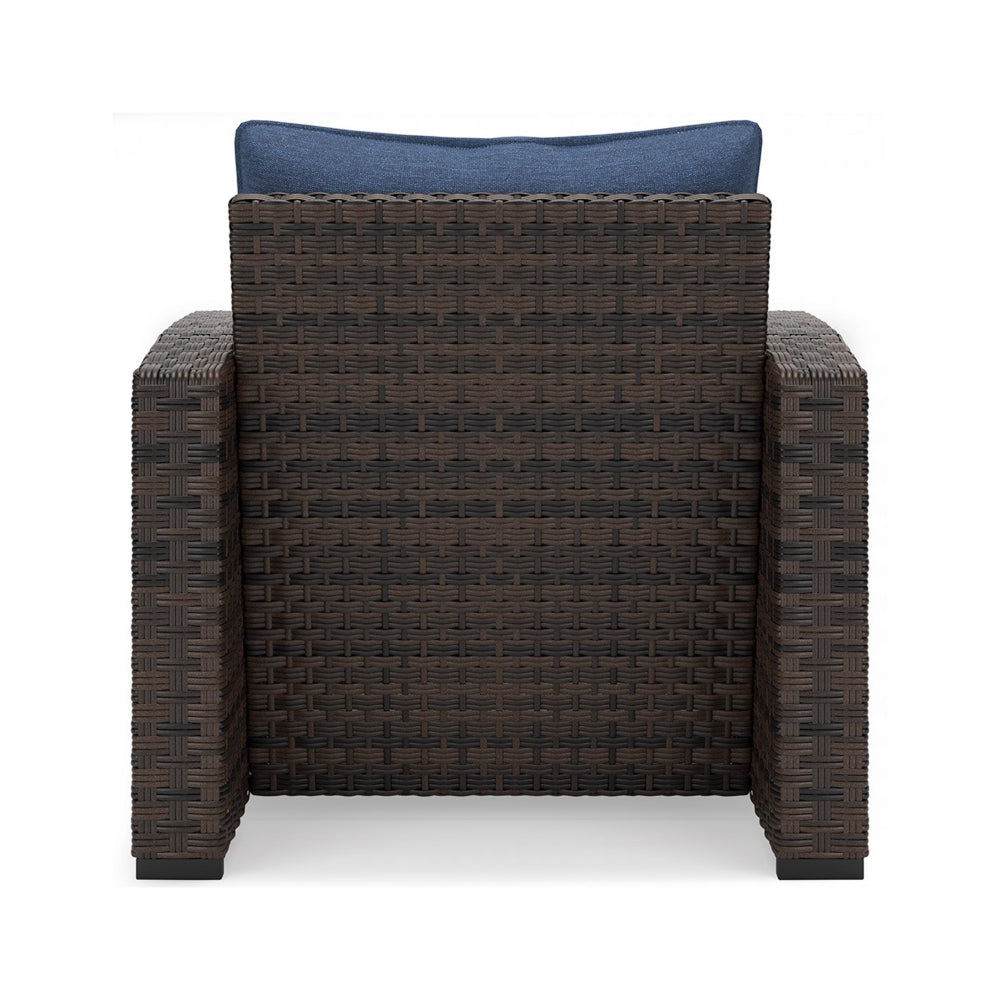 Zivi 32 Inch Outdoor Lounge Chair, Cushioned, Resin Wicker, Blue, Brown - BM315941