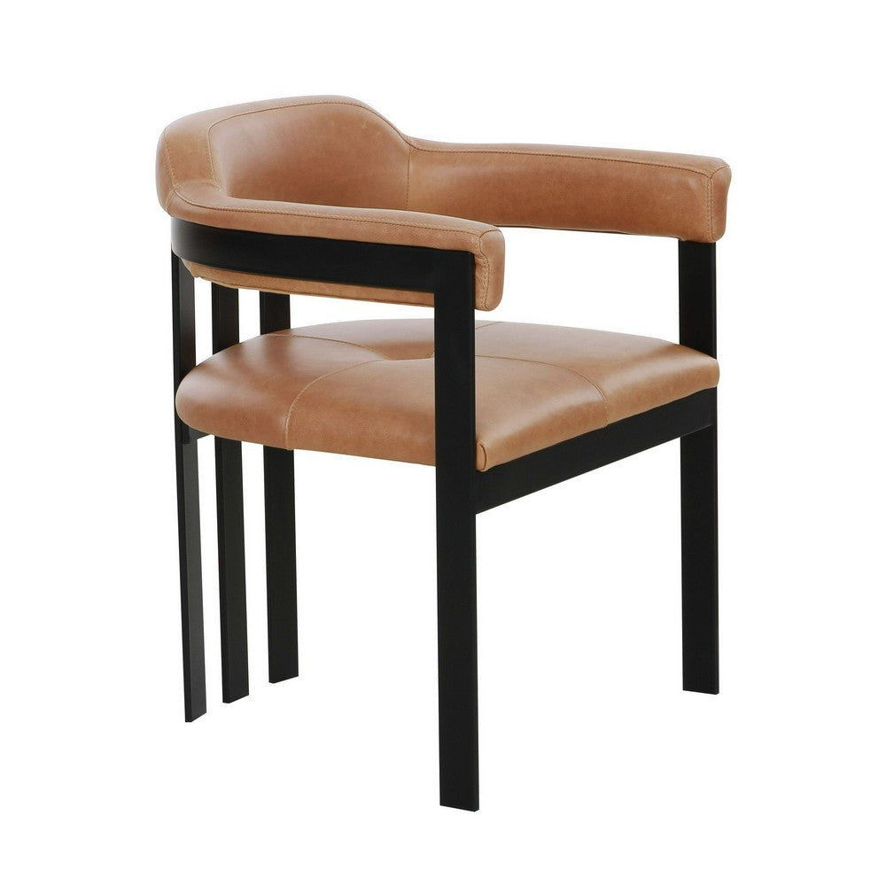 Anta Dining Chair, Black Iron Slatted Back, Plush Brown Genuine Leather - BM317544