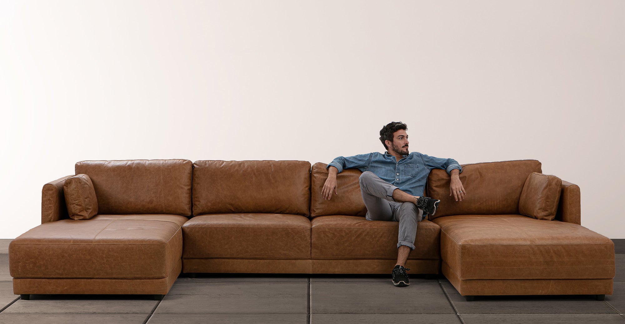 Domus 151" 3-pc U-Chaise Leather Sofa Sectional- 4 seater - Chestnut