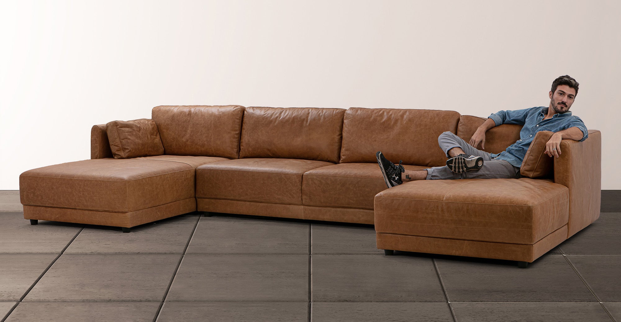 Domus 151" 3-pc U-Chaise Leather Sofa Sectional- 4 seater - Chestnut