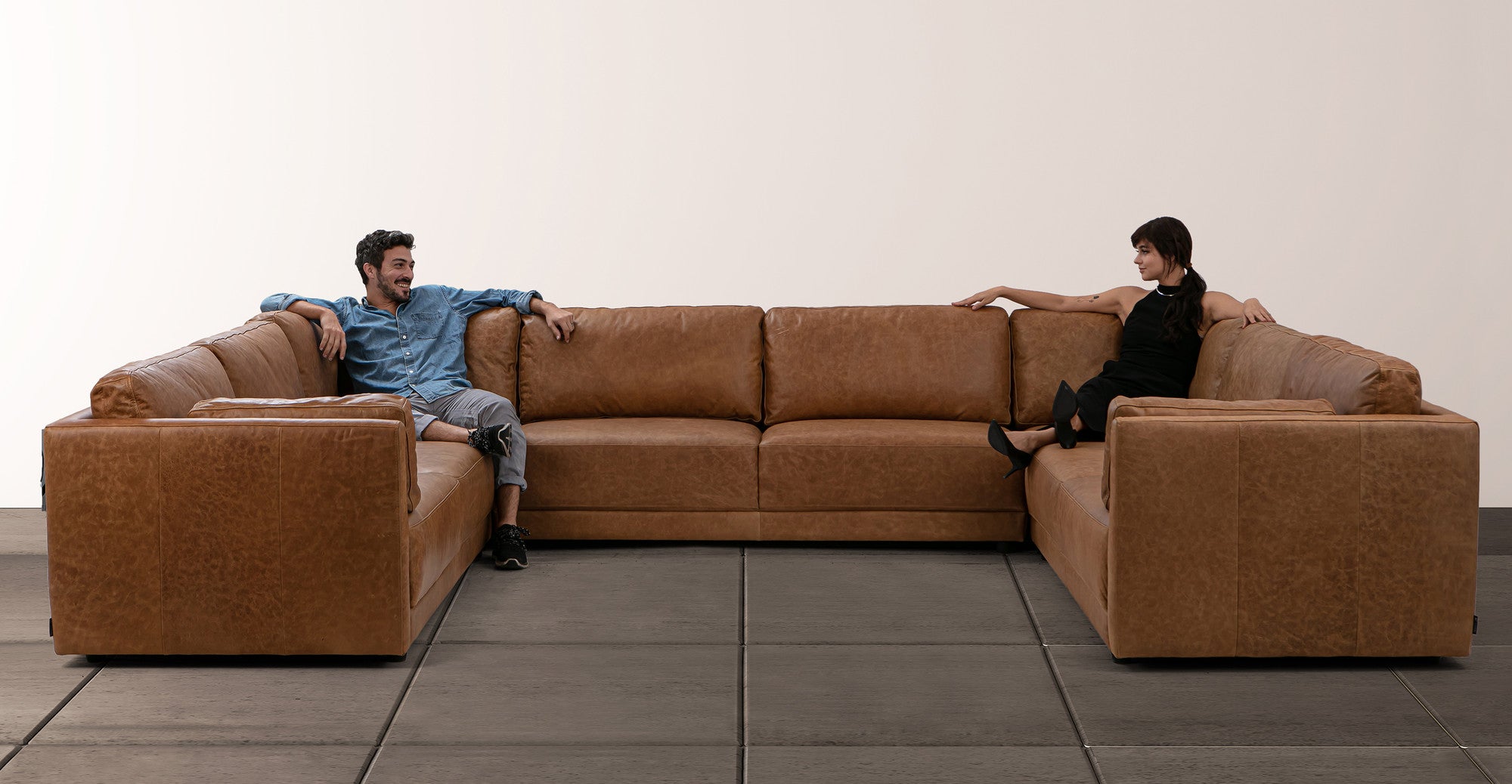 Domus 146" 5-pc U-Shape Leather Sofa Sectional - 5-Seater- Chestnut Brown