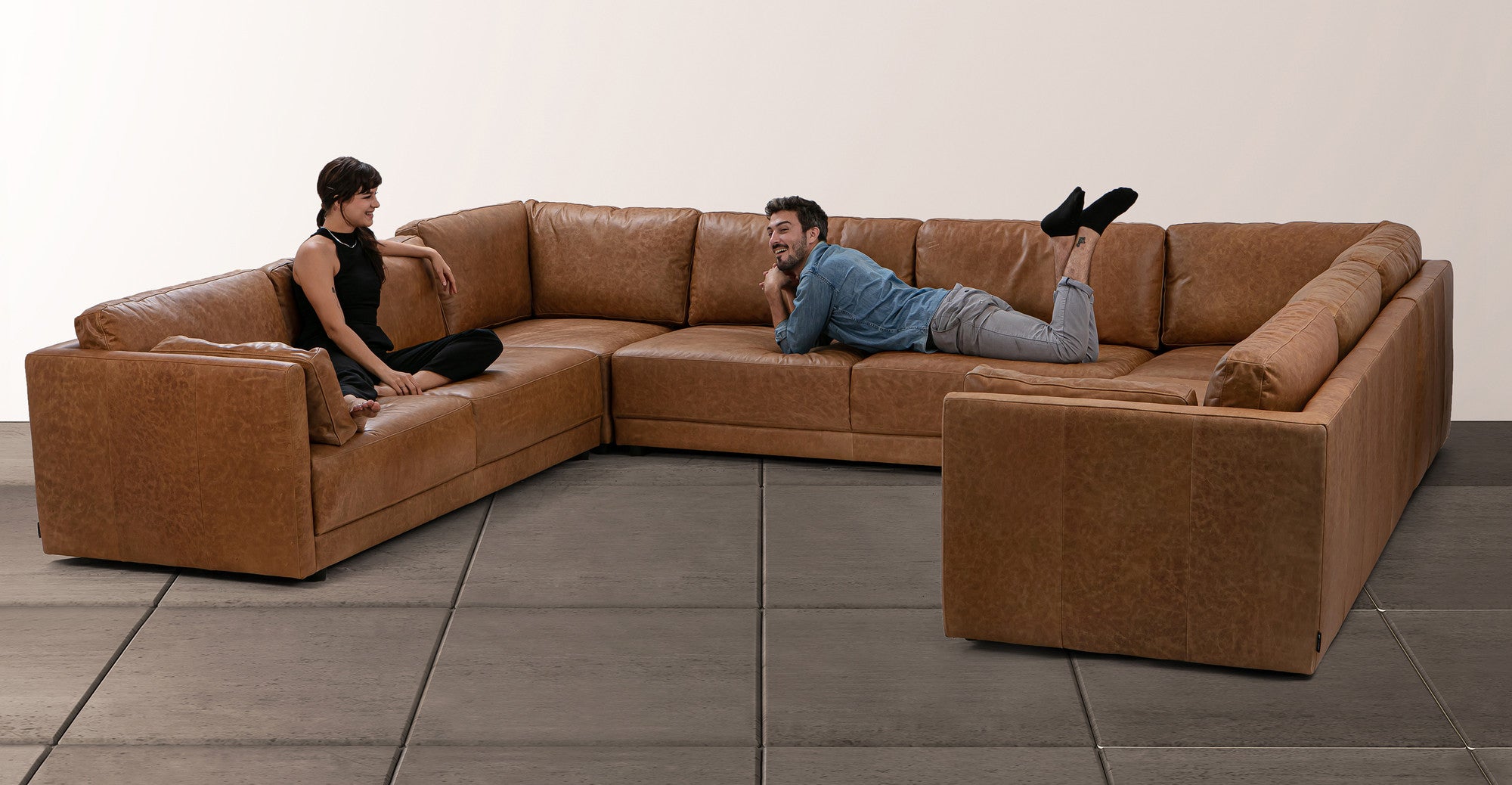 Domus 146" 5-pc U-Shape Leather Sofa Sectional - 5-Seater- Chestnut Brown