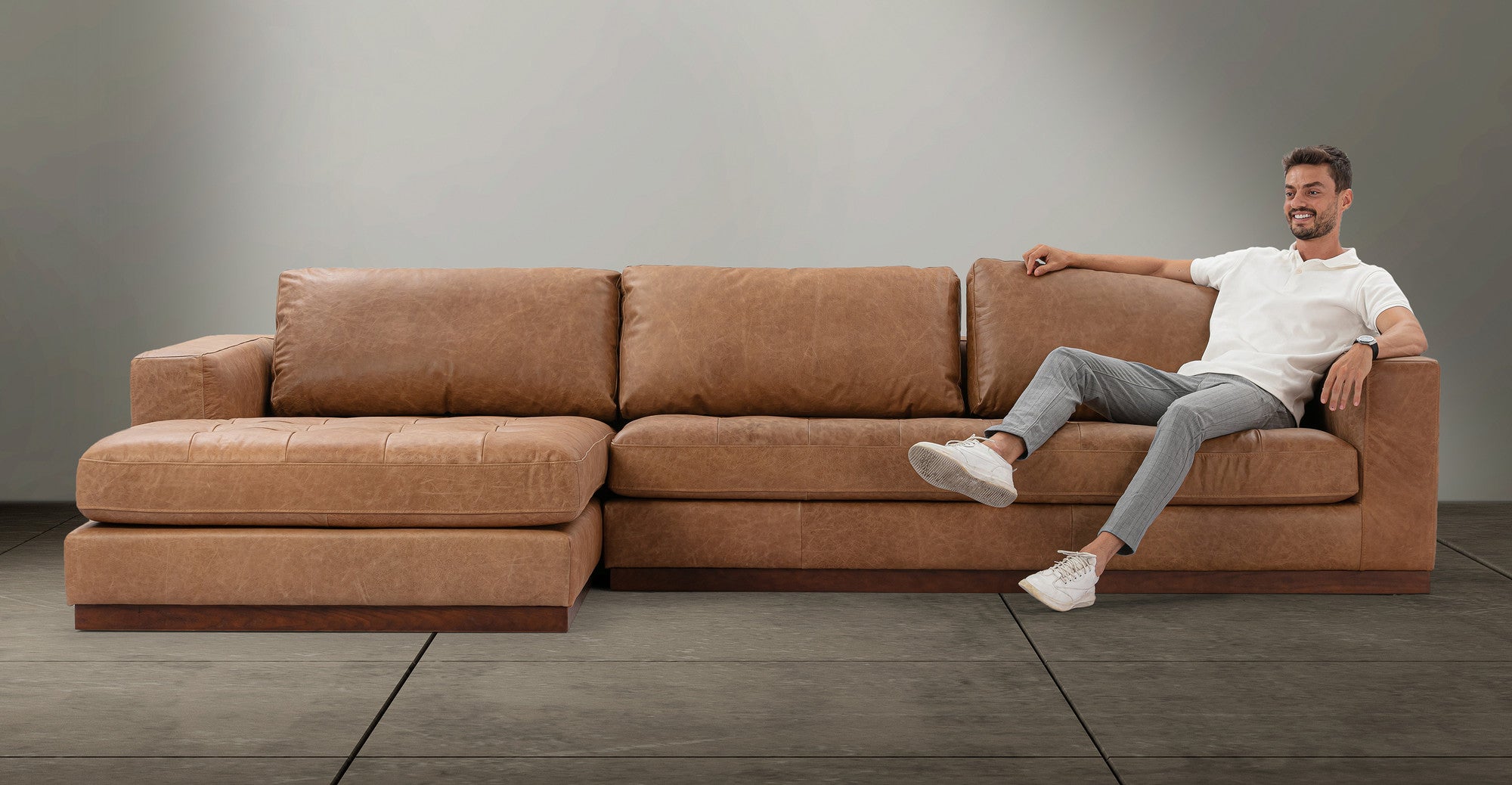 Newport 124" Leather Sofa Sectional Left -4 Seater -  Chestnut