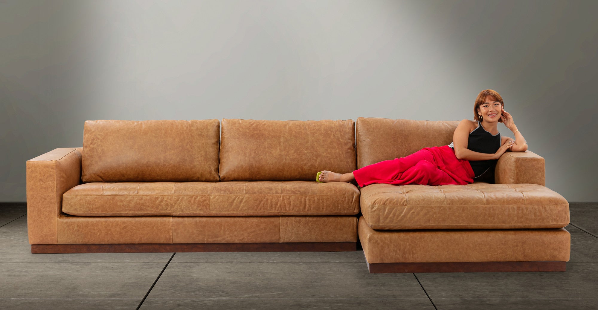 Newport 124" Leather Sectional Sofa  -6 Seater - Chestnut