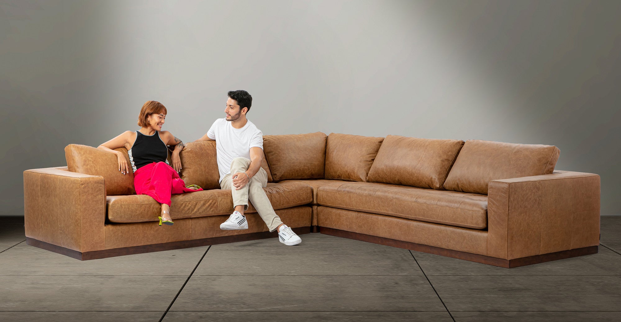 Newport 124" Leather Sectional Sofa  -6 Seater - Chestnut