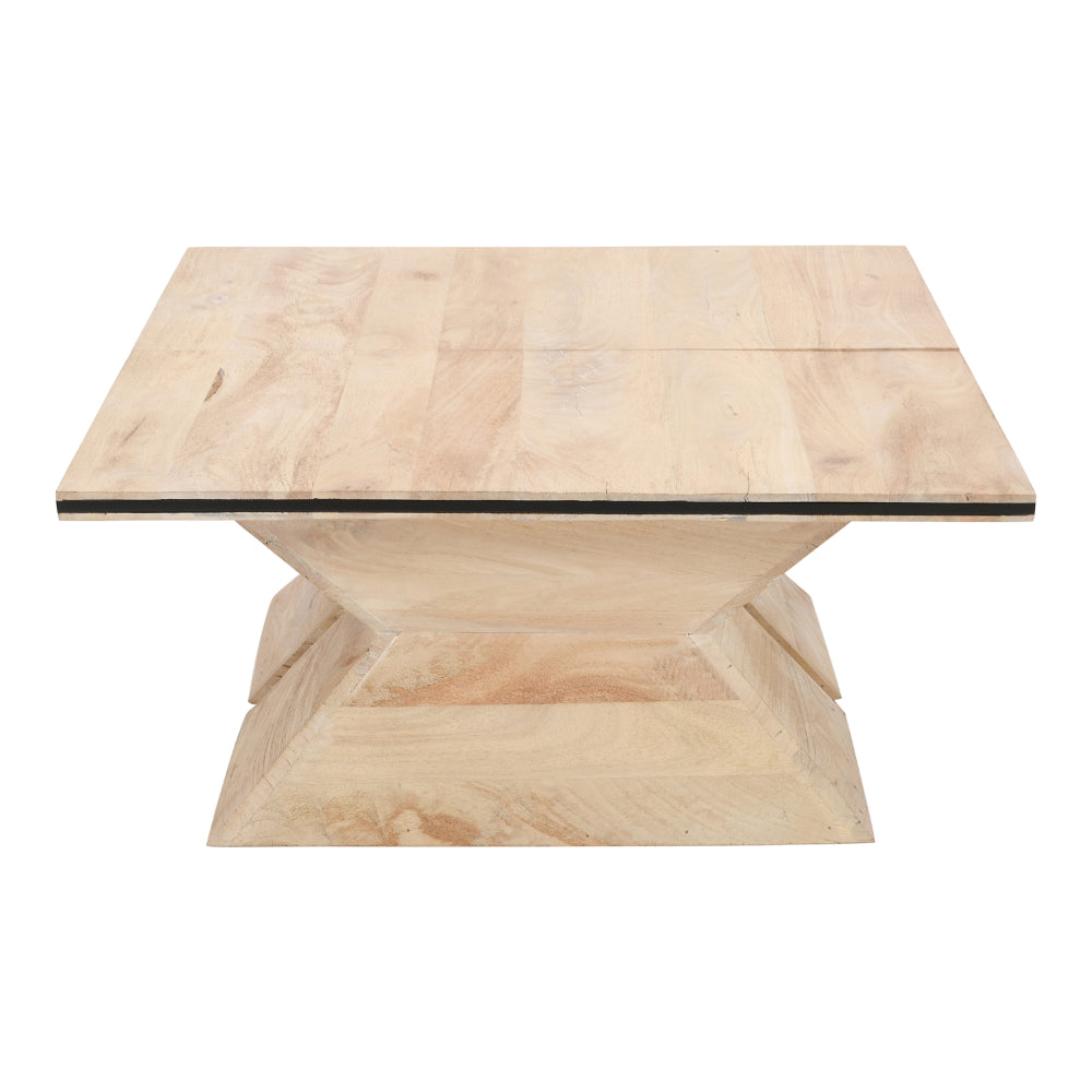 34 Inch Coffee Table, Handcrafted 2 Piece Split Design with Hourglass Base, White Washed Natural Mango Wood -UPT-296155