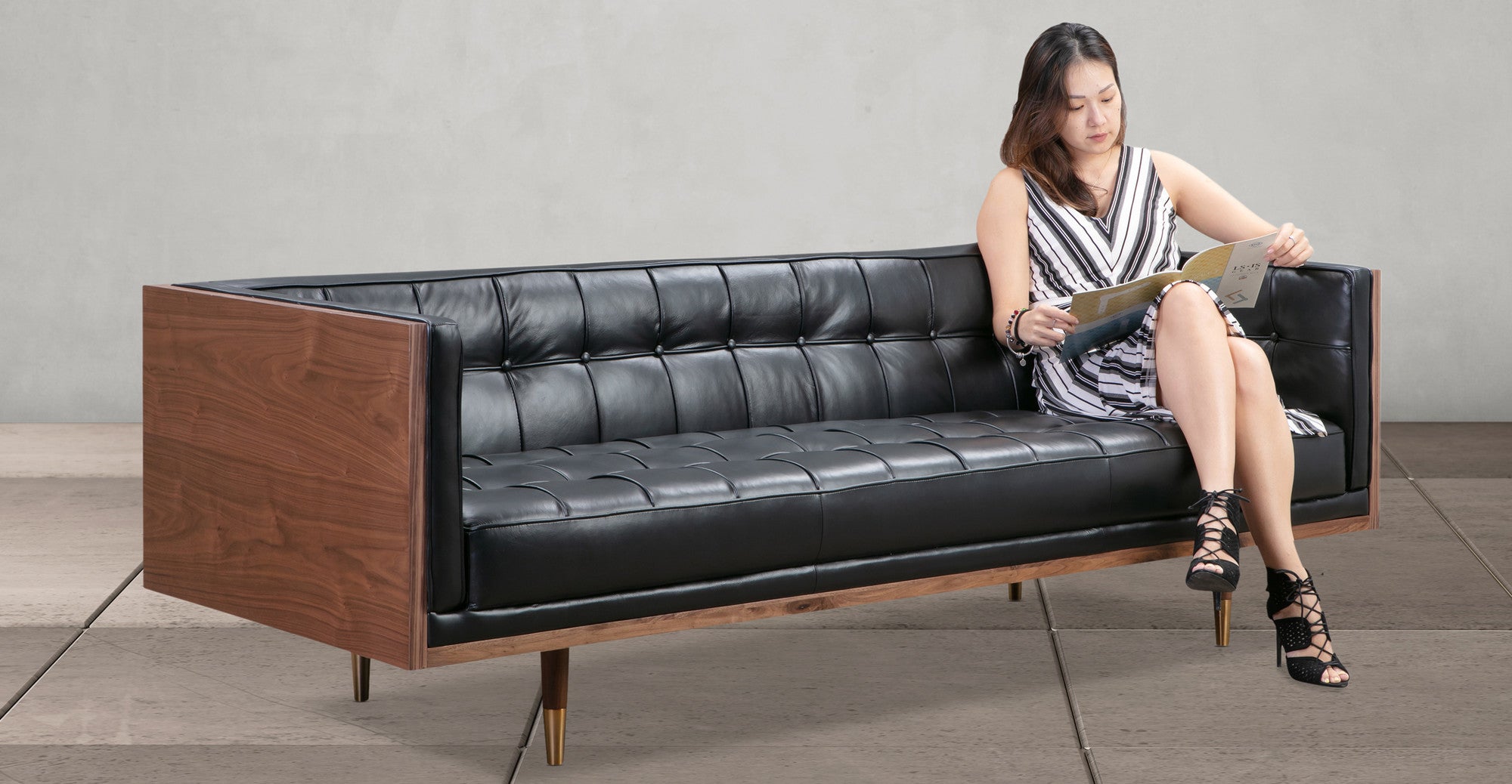 Woodrow Box 87" Leather Sofa - 3 Seater - Black Aniline