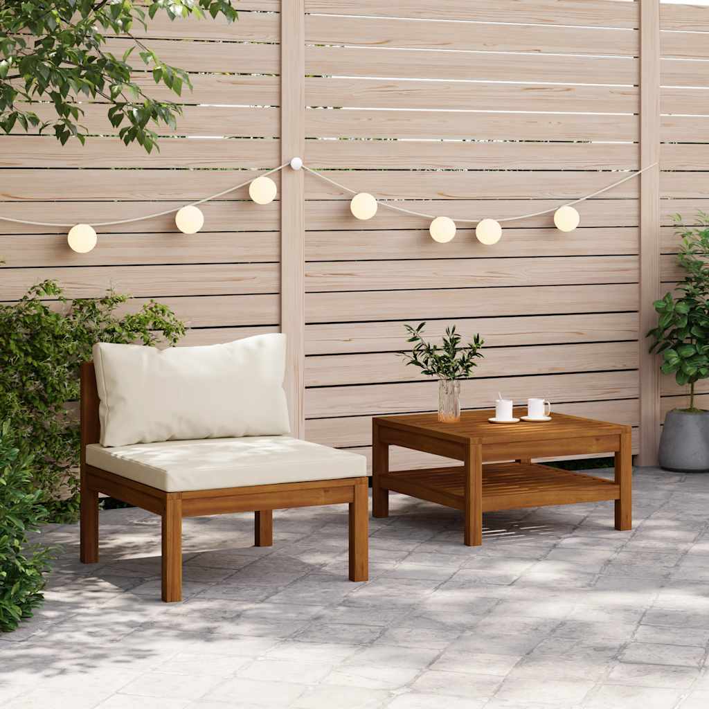 2 Piece Garden Sofa Set with White Cushions Acacia Wood